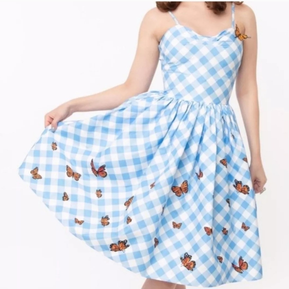Unique Vintage Gingham and Butterfly Dress